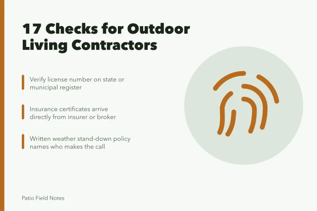 Checklist card for vetting outdoor living contractors before hiring. An outdoor living contractor: checks matter more than a good first impression