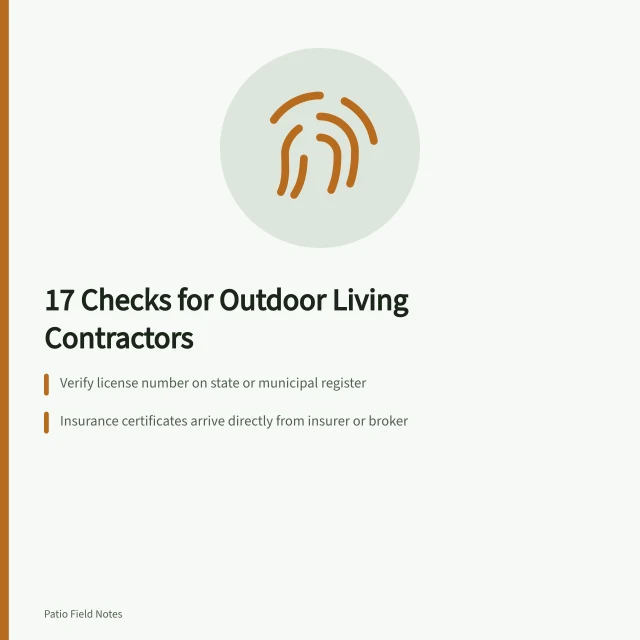 Checklist card for vetting outdoor living contractors before hiring. An outdoor living contractor: checks matter more than a good first impression
