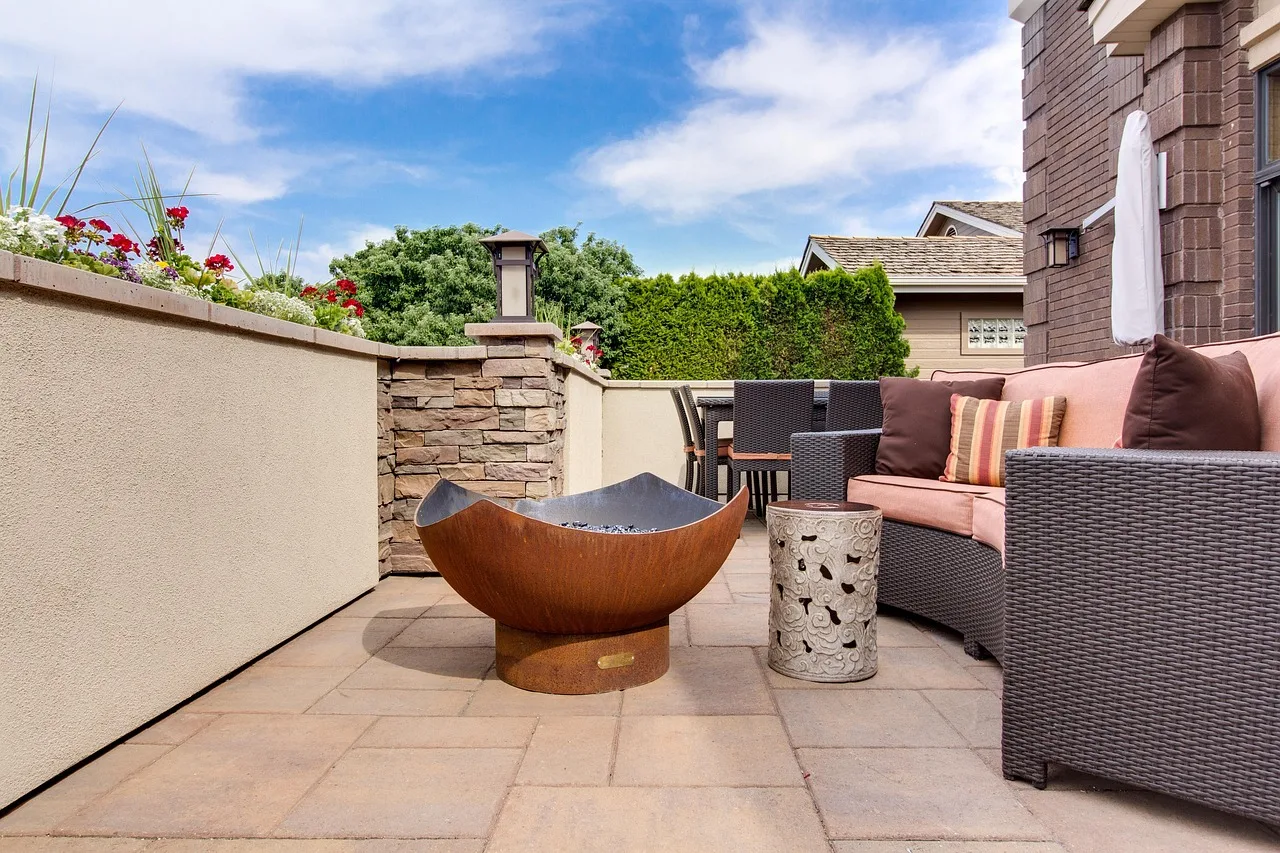 home, decor, real estate, interior design, outdoor patio, patio, model home, homes, firepit, outdoor, furniture, brown home, brown interior, patio, patio, patio, patio, patio, firepit. 3 groups of small patio designs, sorted by what they solve