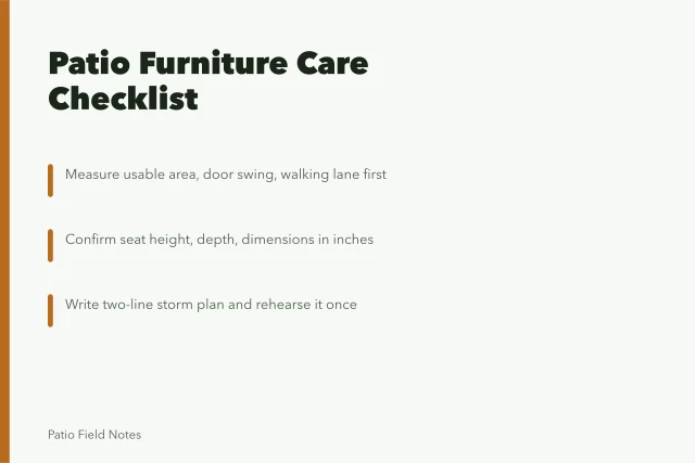 Checklist for measuring, specifying and storm-proofing patio furniture. Patio furniture holds up longer when its care follows a written checklist