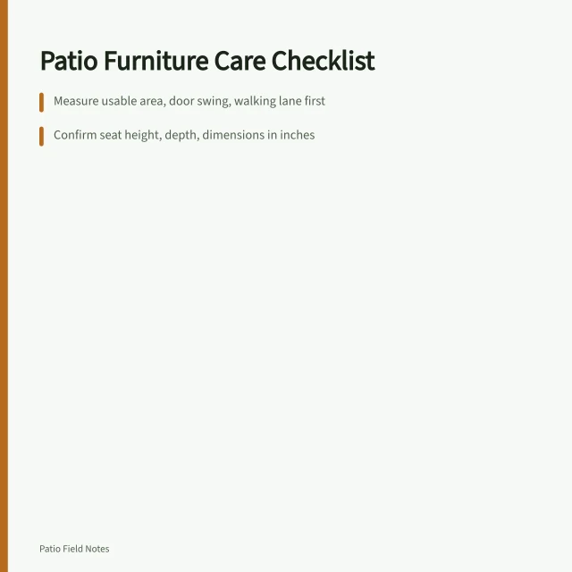 Checklist for measuring, specifying and storm-proofing patio furniture. Patio furniture holds up longer when its care follows a written checklist