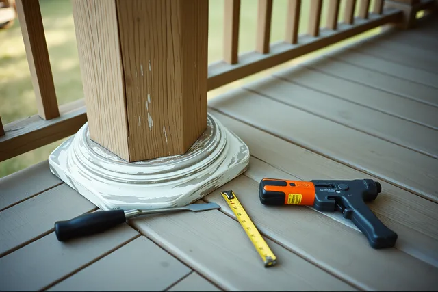Probing a porch column base for rot with an awl and tape measure. Staging a porch restoration checklist from first probe to final sign-off