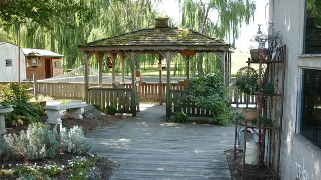 gazebo, deck, shade, patio, trees, relaxation, nature, outdoors, backyard, pergola, pavilion, leisure, yard, relax, covered, porch, landscaping, veranda, outdoor, countryside