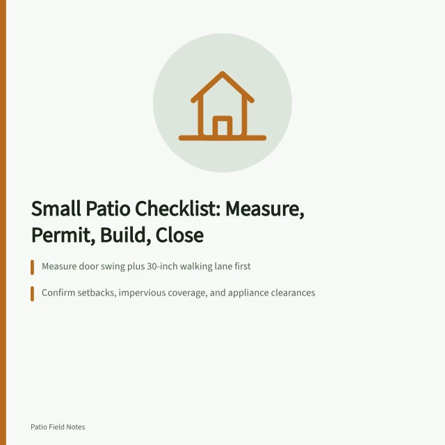 Checklist card for small patio design stages and clearances. A homeowner checklist for small patio designs in 2027: the parts worth your time