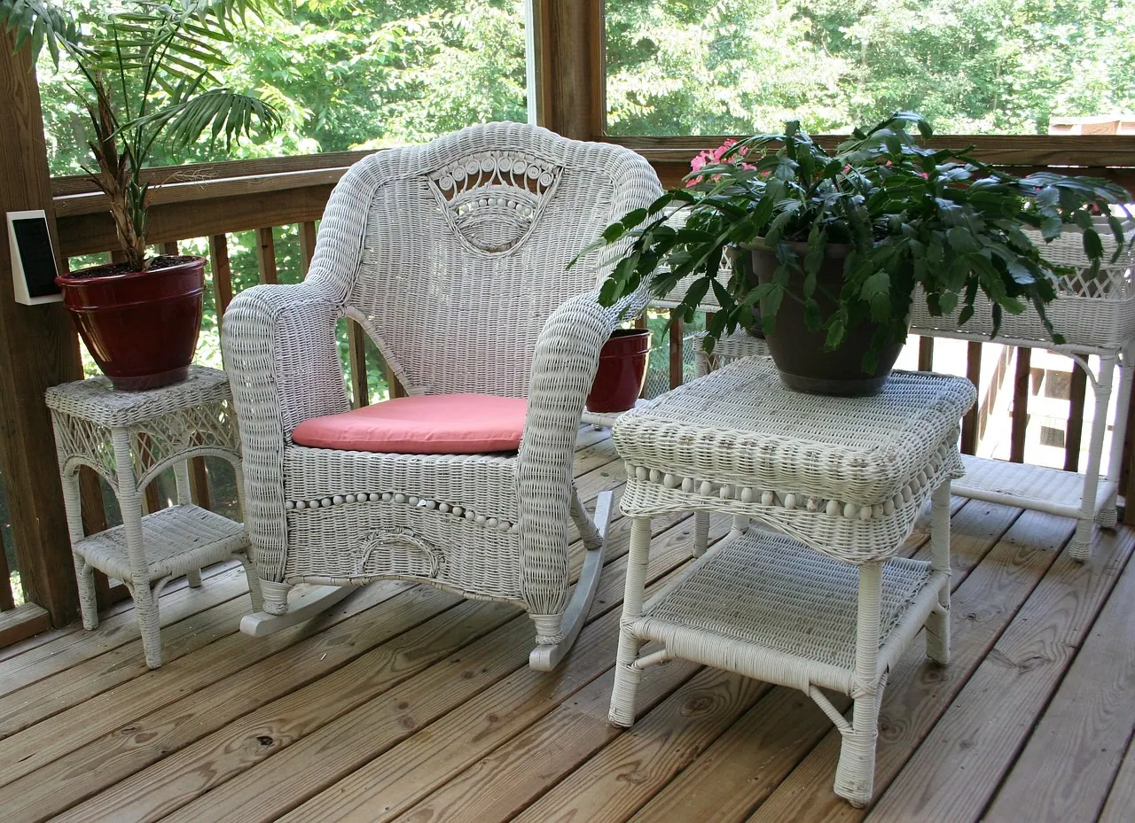 wicker rocking chair, porch, white table, wicker, home, wood, furniture, seat, relax, sit, outdoors, antique, rocker, patio, empty, traditional, country, comfortable, structure, de