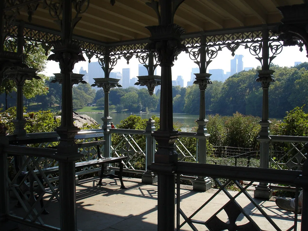 patio, porch, city, view, central park, new york city, kiosk, nature, summer, seating, viewing, rest, outdoor