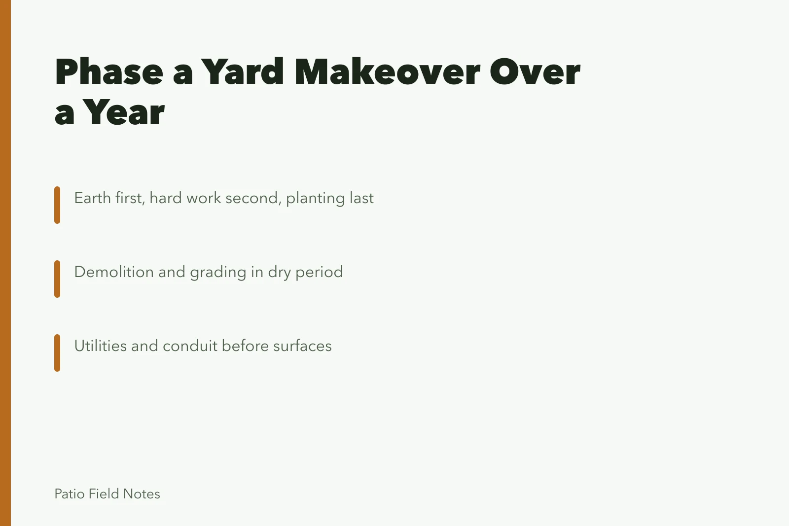 Phased yard makeover timeline from grading to planting. Outdoor space makeovers: a year-long project, not a weekend one