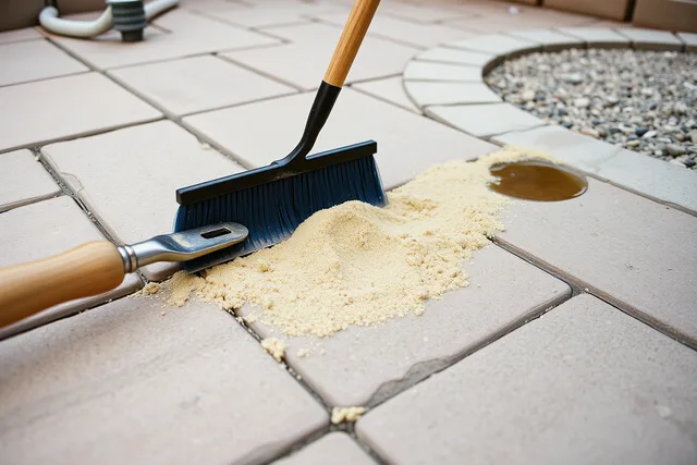 Refilling paver joints and clearing a downspout outlet on a patio. Fixing patio design mistakes: a season-long sequence, not a weekend patch