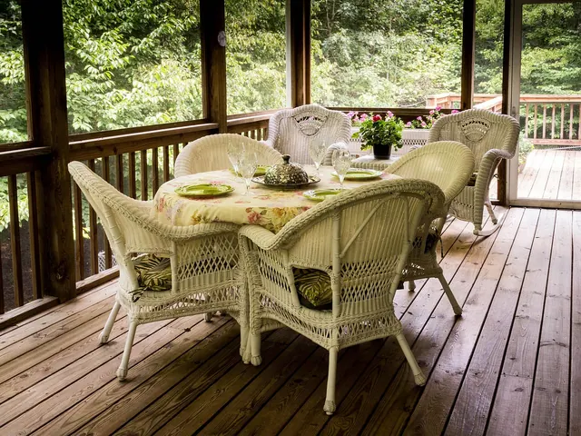 screened porch, back porch, deck, wicker chairs, wicker table, rocking chairs, picnic, table setting, table cloth, porch, entertain, brown table, brown rock, deck, deck, deck, deck