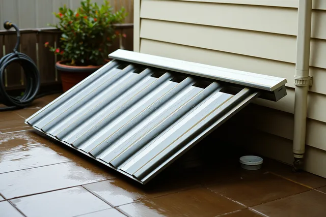 Weathered patio roof panel sample angled outdoors on a patio for testing. Which covered patio components are actually worth sampling before you buy?