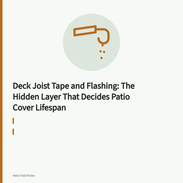 Butyl joist tape being pressed onto the top of a wooden deck joist. Deck Joist Tape and Flashing: The Hidden Layer That Decides Patio Cover Lifespan