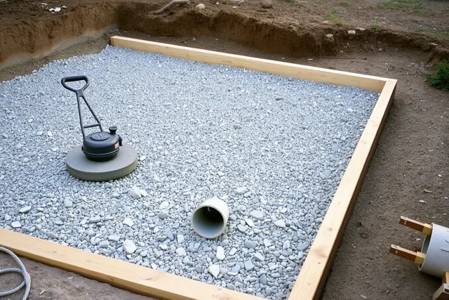 Compacted gravel patio base with capped conduit sleeve before pavers are installed. 5 patio project patterns that repeat on almost every job
