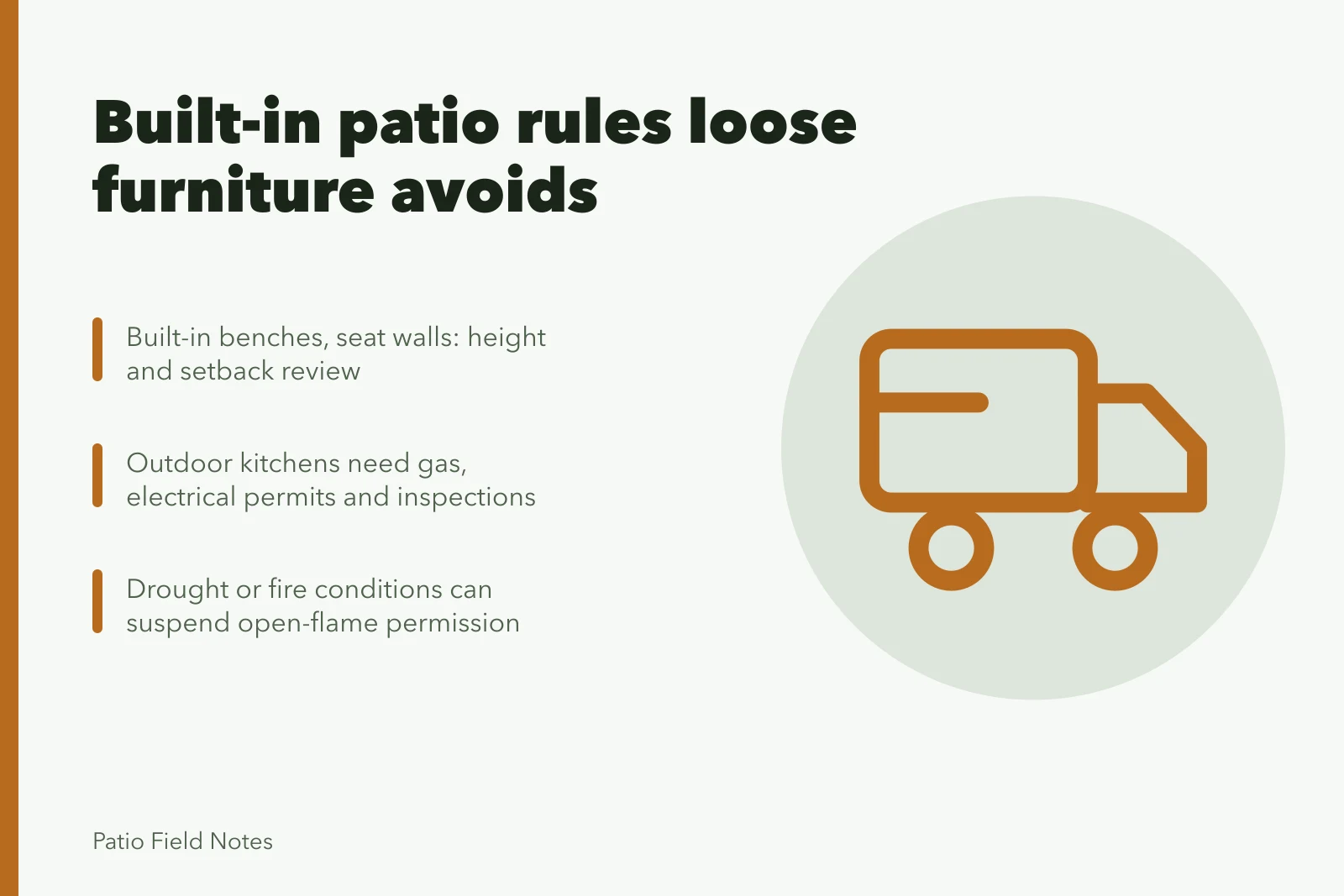 Illustration of built-in patio rules: permits, inspections, fire restrictions. Built-in patio furniture: rules that loose furniture never faces