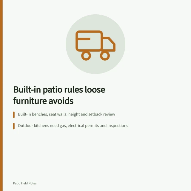Illustration of built-in patio rules: permits, inspections, fire restrictions. Built-in patio furniture: rules that loose furniture never faces
