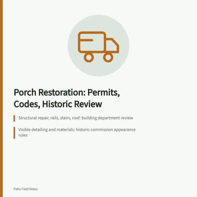 Porch restoration permit and historic review rules for rails, stairs, structure. When does a porch restoration project trigger historic review?