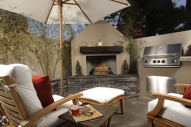 outside, lifestyle, patio, porch, summer, backyard, yard, home, home improvement, outdoors, cook, cook top, nature, fireplace, lounge chair, brown home, brown cooking, brown summer. Small patio permits: setbacks, coverage limits and rules that differ by town