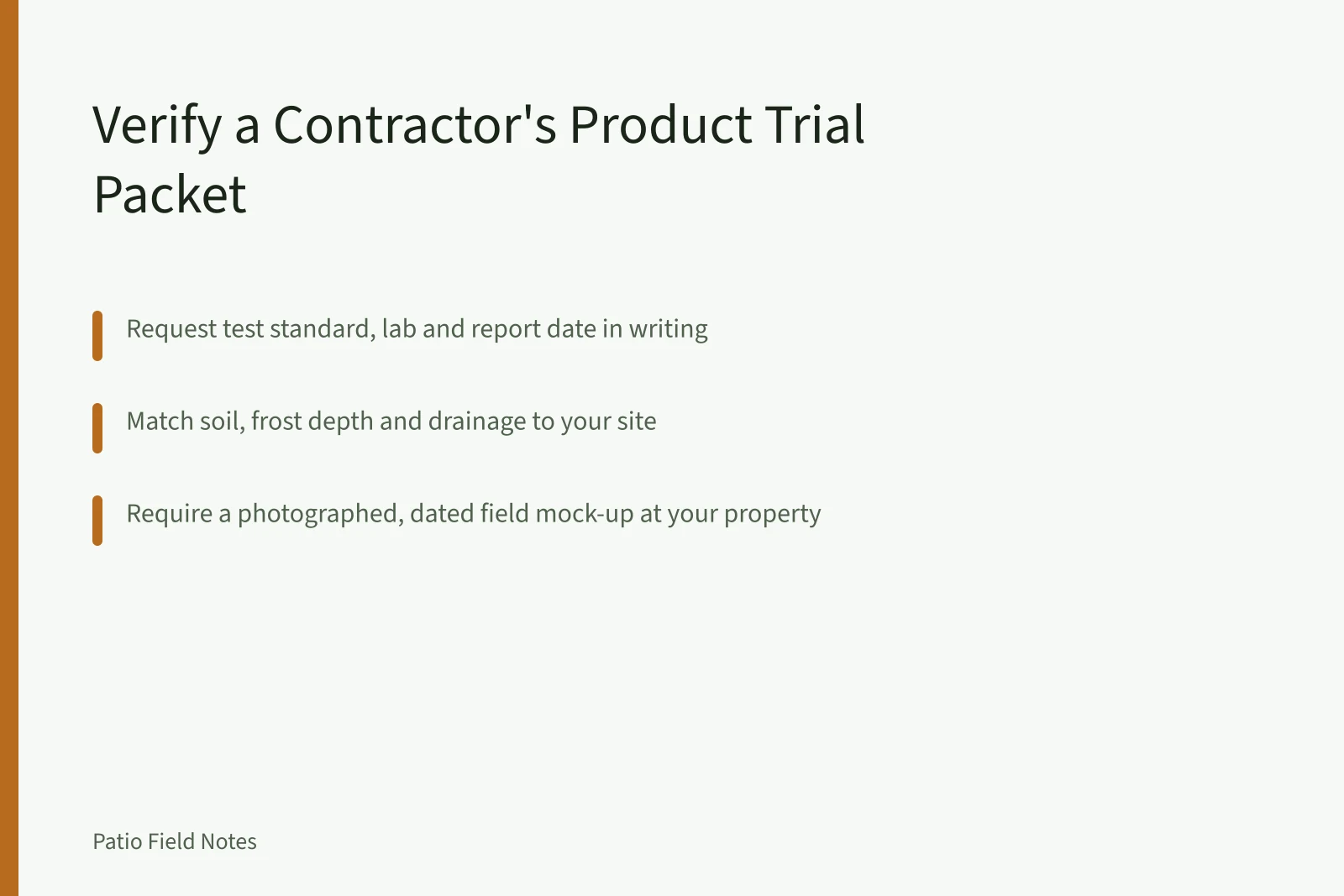 Checklist for verifying a contractor's product trial packet before patio installation. How to Check a Contractor's Product Trial Before Patio Installation