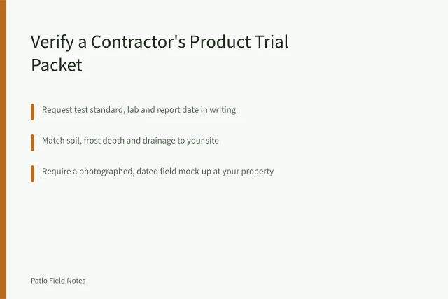 Checklist for verifying a contractor's product trial packet before patio installation. How to Check a Contractor's Product Trial Before Patio Installation