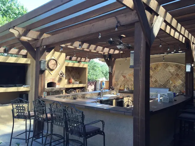 patio cover, outdoor kitchen, tile, copper, patio, stone, design, outdoor, kitchen, exterior, grill, outdoor dining, fireplace, deck, cooking, outdoor fireplace, cook, home, porch,