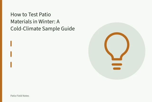 Winter patio material trial mock-up with pavers, snow and measuring tools. How to Test Patio Materials in Winter: A Cold-Climate Sample Guide