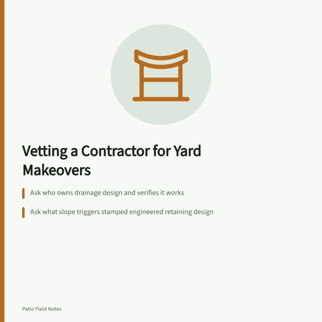 Checklist card for vetting a contractor on grading, drainage and planting. Can one contractor handle an outdoor space makeover's grading and drainage together?