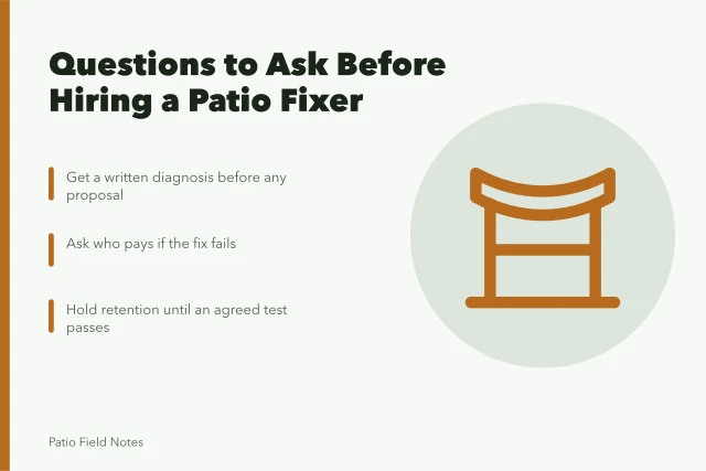 Card listing contractor questions for diagnosing and fixing patio problems. Fixing patio design mistakes calls for different contractor questions than building