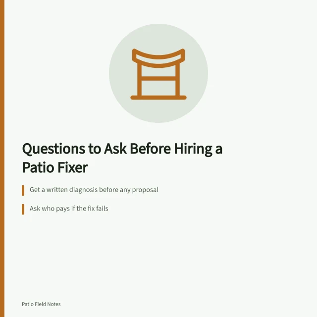 Card listing contractor questions for diagnosing and fixing patio problems. Fixing patio design mistakes calls for different contractor questions than building
