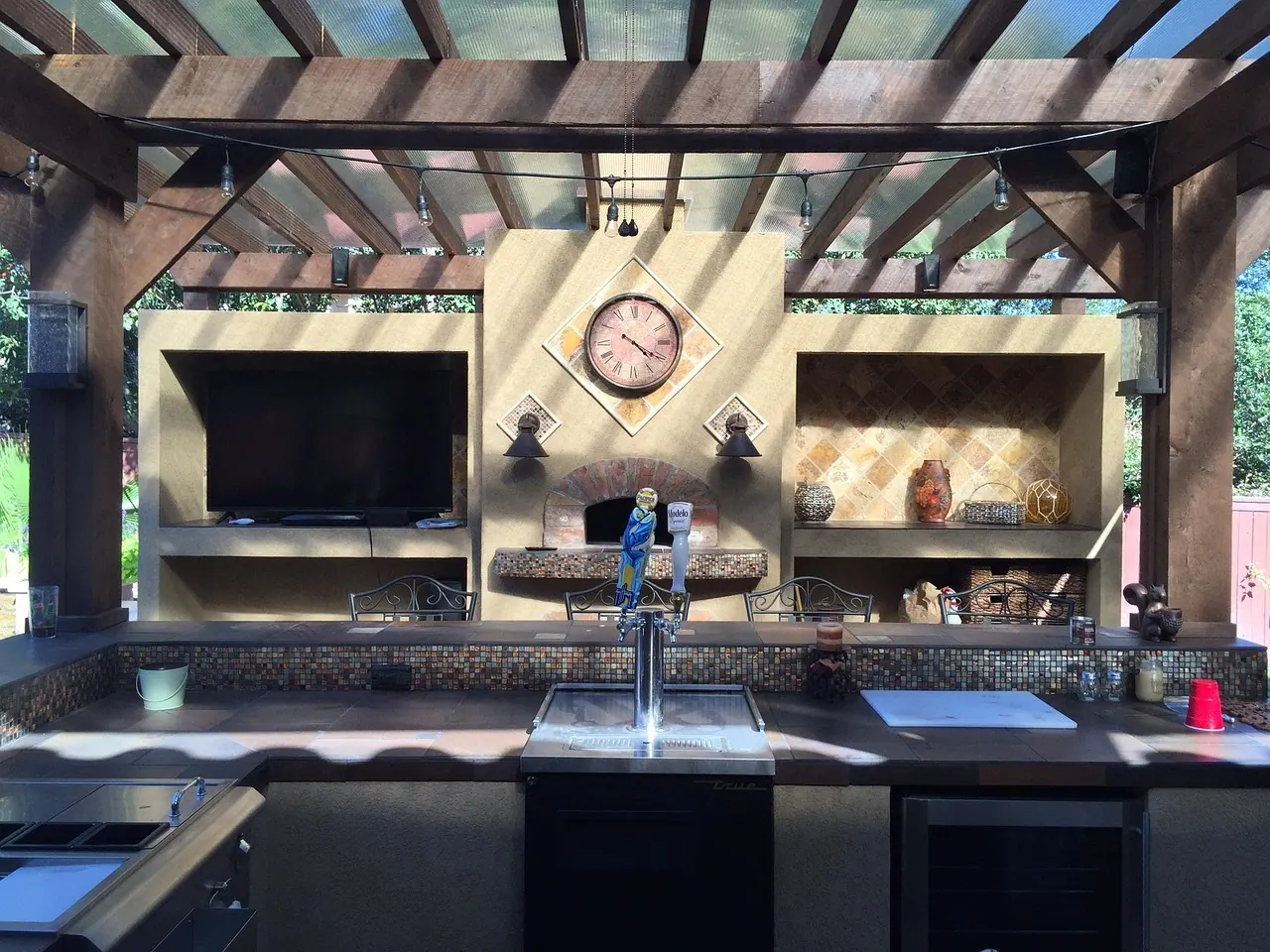 patio cover, outdoor kitchen, tile, copper, patio, stone, design, outdoor, kitchen, exterior, grill, outdoor dining, fireplace, deck, cooking, outdoor fireplace, cook, home, porch,