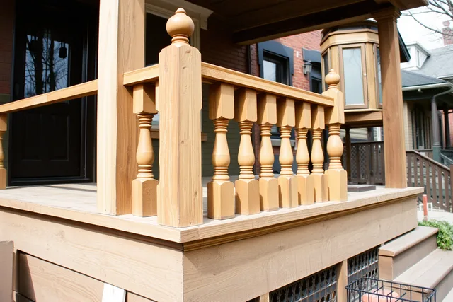 Montreal porch renovation with wooden stairs and railing under heritage rules. Renovating a porch in Montreal under heritage rules and Quebec's building code