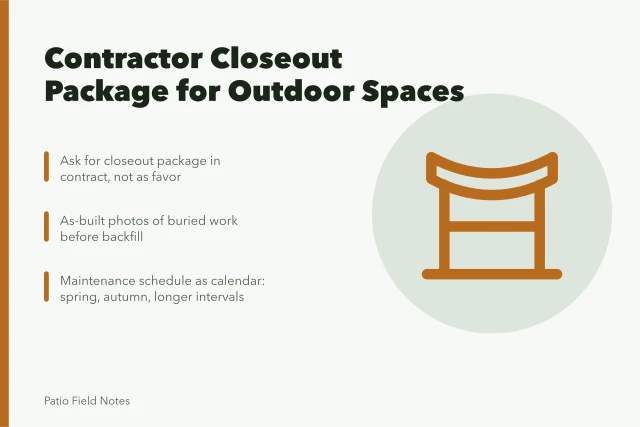 Contractor closeout package with as-built records, product data, and maintenance schedule. What a contractor should hand over for care and upkeep