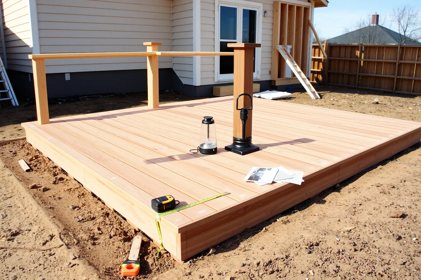 Field mock-up of deck boards, railing base and battery flame lantern on site. Does an outdoor living contractor actually prove products before installing them?