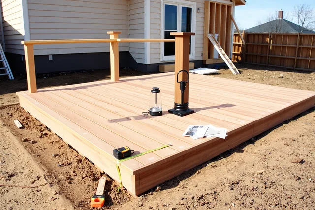 Field mock-up of deck boards, railing base and battery flame lantern on site. Does an outdoor living contractor actually prove products before installing them?
