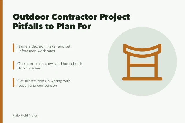 Card summarizing four planning lessons for outdoor living contractor projects. 4 things to weigh up on outdoor living contractors