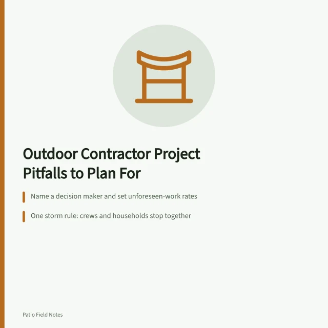 Card summarizing four planning lessons for outdoor living contractor projects. 4 things to weigh up on outdoor living contractors
