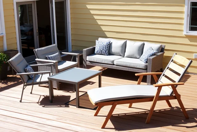 Patio furniture set on a sunlit wooden deck. 3 things to weigh up on patio furniture systems