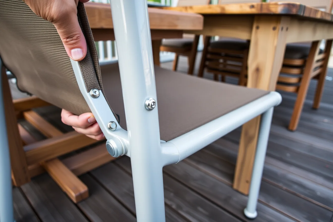 Close-up of patio chair frame joint, fasteners and stitched fabric edge on a deck. Getting patio furniture systems right the first time (2027 update)