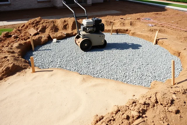 Compacted gravel paver patio base with plate compactor and string lines over clay. How to Prep a Paver Patio Base That Won't Sink in Texas Clay