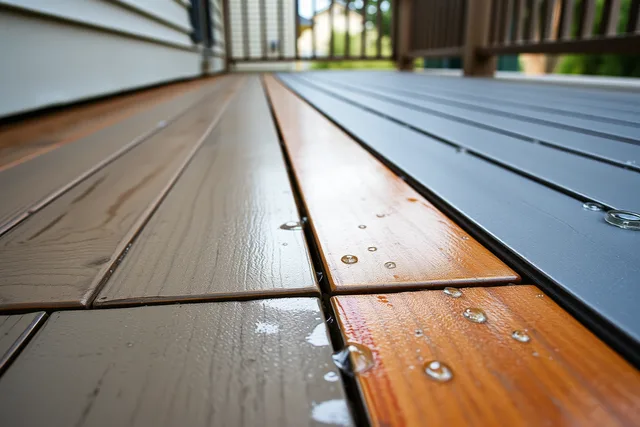 Painted wood and composite porch boards compared side by side after rain. Porch restoration materials compared: softwood versus composite versus vinyl