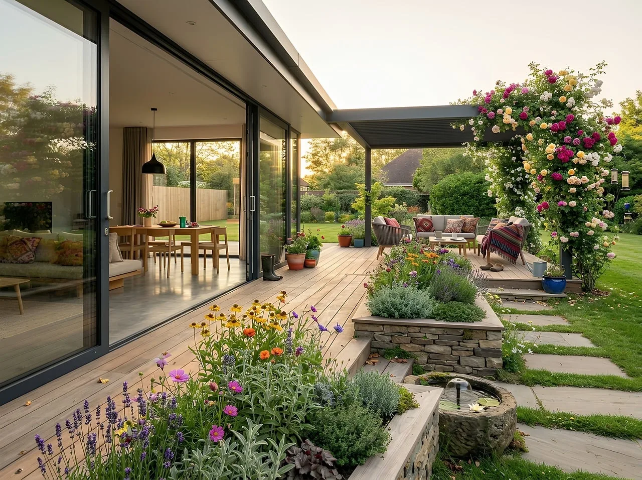 single-story house, modern architecture, patio, garden design, sunny, outdoor decor, real estate, luxury house, accessible entrance, eco-friendly design, sustainable living, outdoor space, living area, creative design, plant cultivation, flowering plants, patio flowers, home comfort, peaceful environment, large windows, daylight. Small Patio Storm Plan: What Counts as Safe Shelter