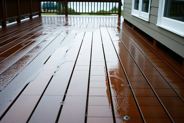 Rain running off a sloped wooden patio deck away from a coastal home. How Vancouver rain and Victoria's coastal climate change patio material choices