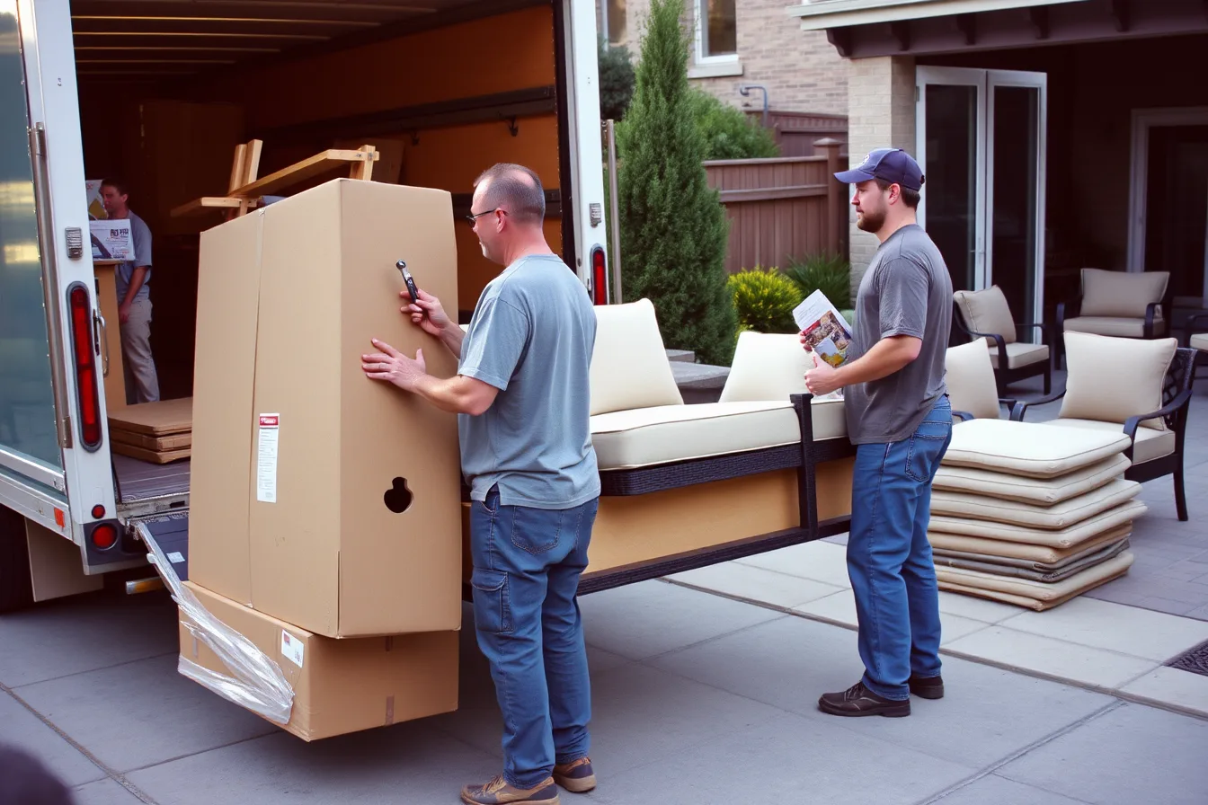 Workers delivering and assembling patio furniture on a driveway beside a terrace. Questioning anyone hired to deliver and assemble patio furniture pays off