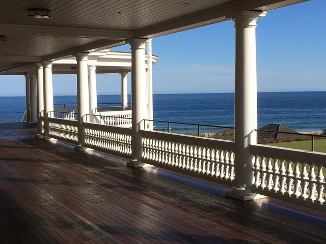 porch, seashore, shore, ocean, horizon, vista, sky, blue, sea, seaside, vacation, solitude, quiet, coast, water, beach, veranda, deck, summer, rhode island, atlantic, new england, 