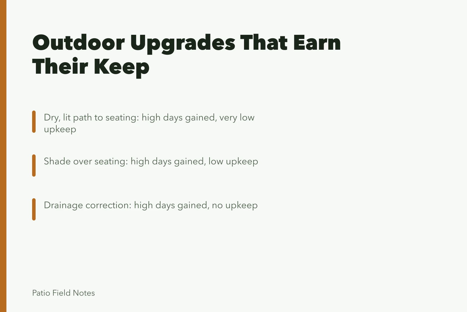 Ranking of outdoor upgrades by usable days gained and upkeep created. Do outdoor space makeover upgrades actually earn their keep every day?