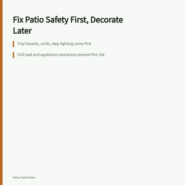 Propane grill on a level pad, clear of house walls and railing. Safety fixes for patio design mistakes pay for themselves faster than decoration
