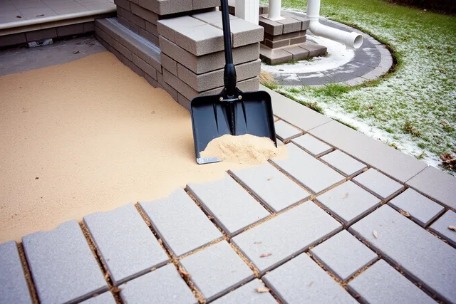 Sand swept into paver joints on a Calgary patio before winter freeze. How to Winterize a Paver Patio in Calgary Without Cracking